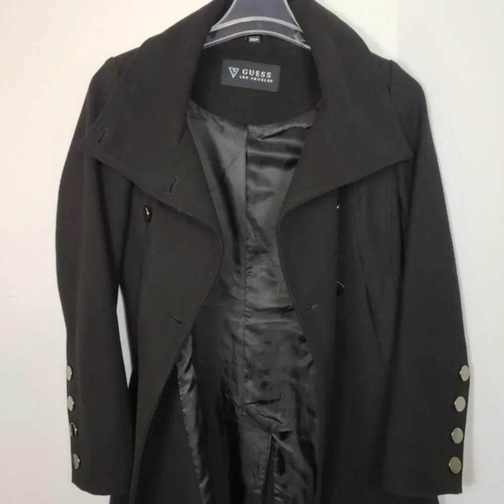 GUESS wool blend military style midi black silver buttons long over coat